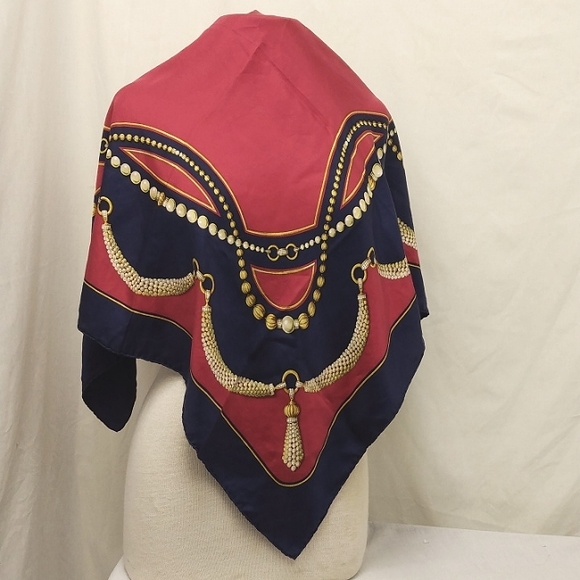 Vintage Authentic Must De Cartier Dark Blue  and Red Silk Square Scarf - Picture 4 of 9